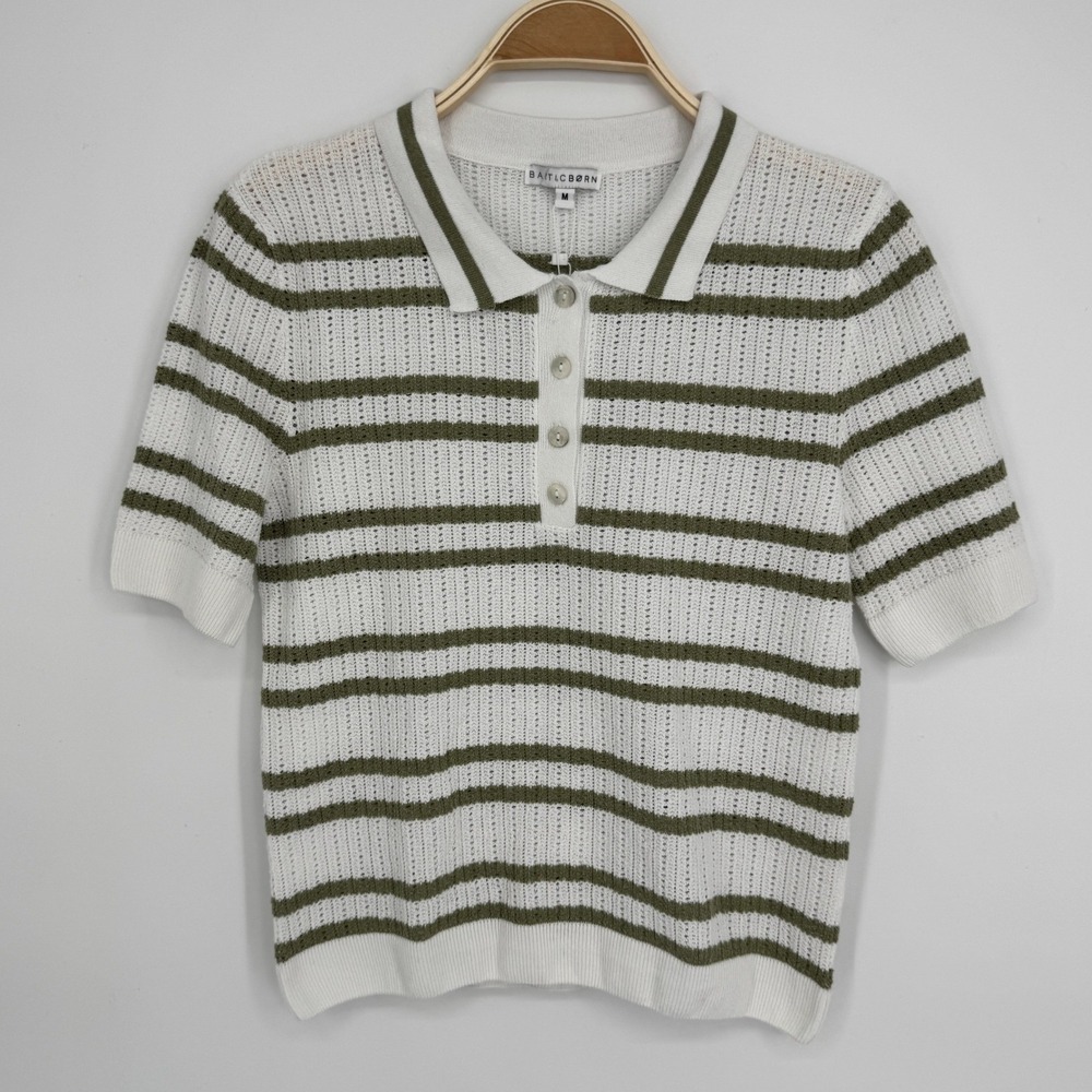 Baltic Born Bahia Knit Stripe Top Medium Sage Off White Pointelle Short Sleeve